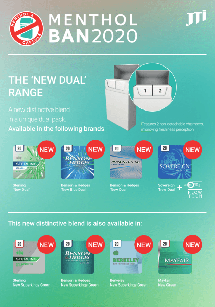 Brand images for JTI's new cigarette products, headed Menthol Ban 2020